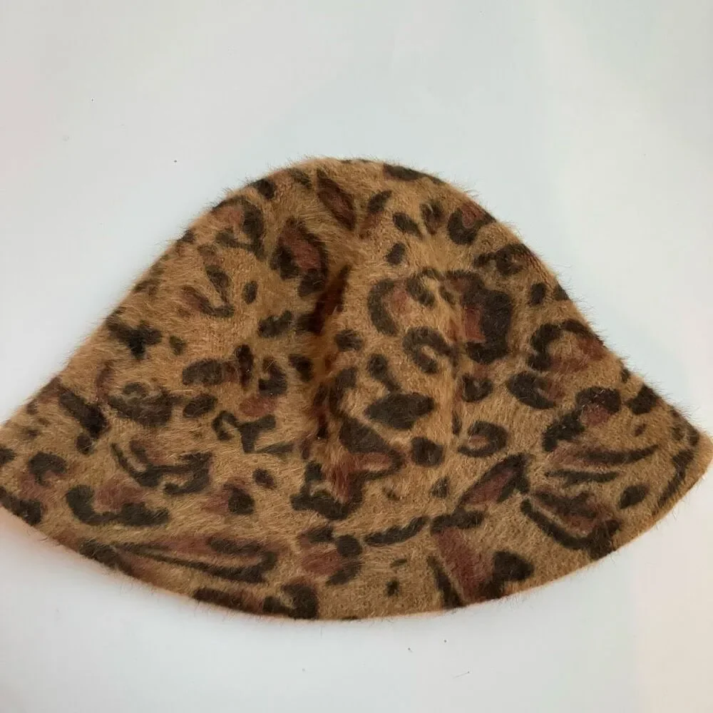 Vintage Leopard Animal Print Bucket 70% Angora Hat Brown Black - Picture 2 of 5